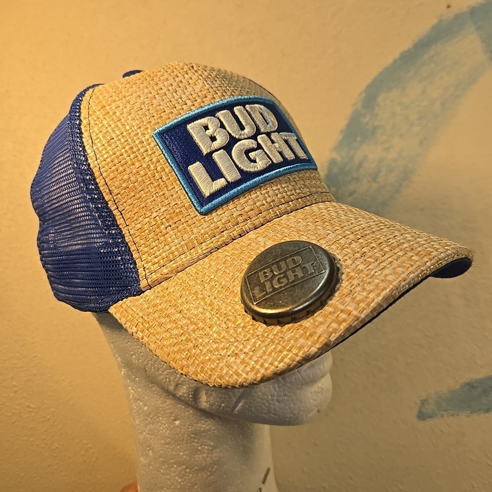Bud‎ Light Beer Opener Trucker Hat Beige Straw Front Blue Mesh Unisex Snapback